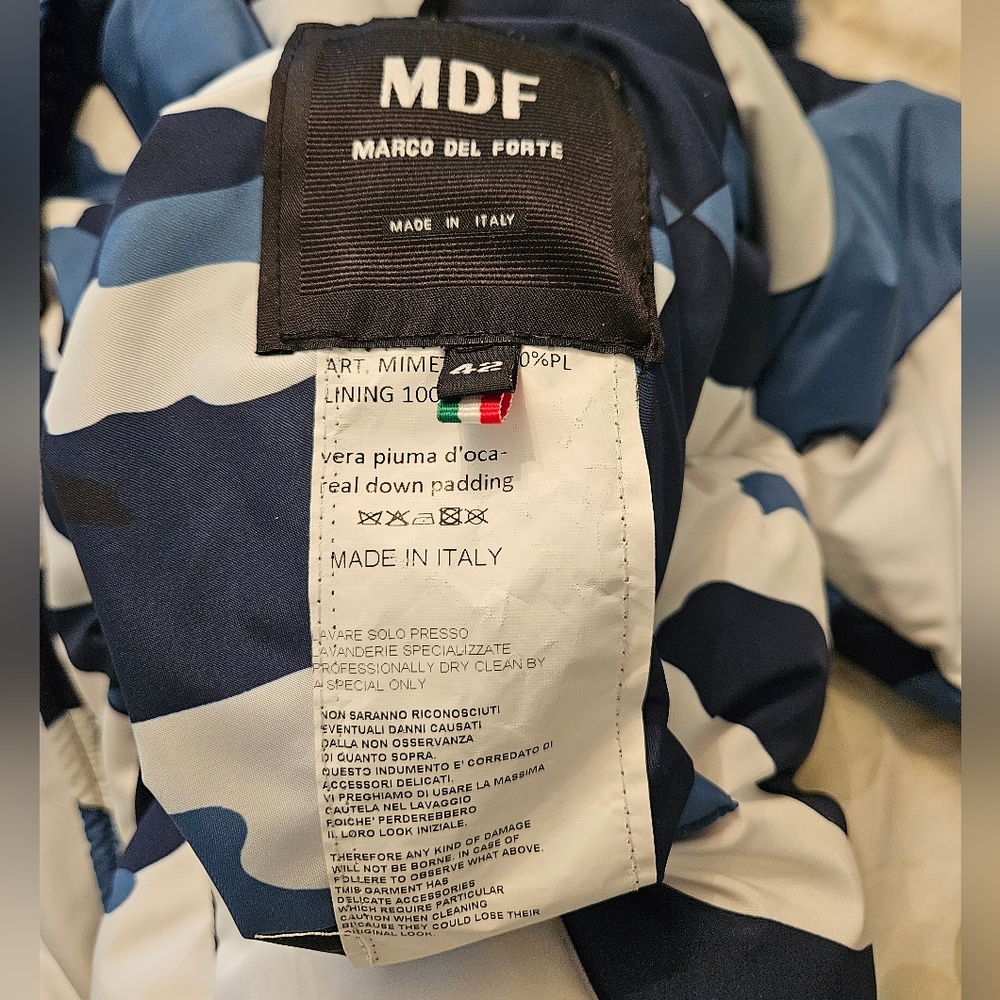 NWT Marco Del Forte Womens Winter Camo Blue Coat with Real Fur. Made in Italy - Picture 12 of 16